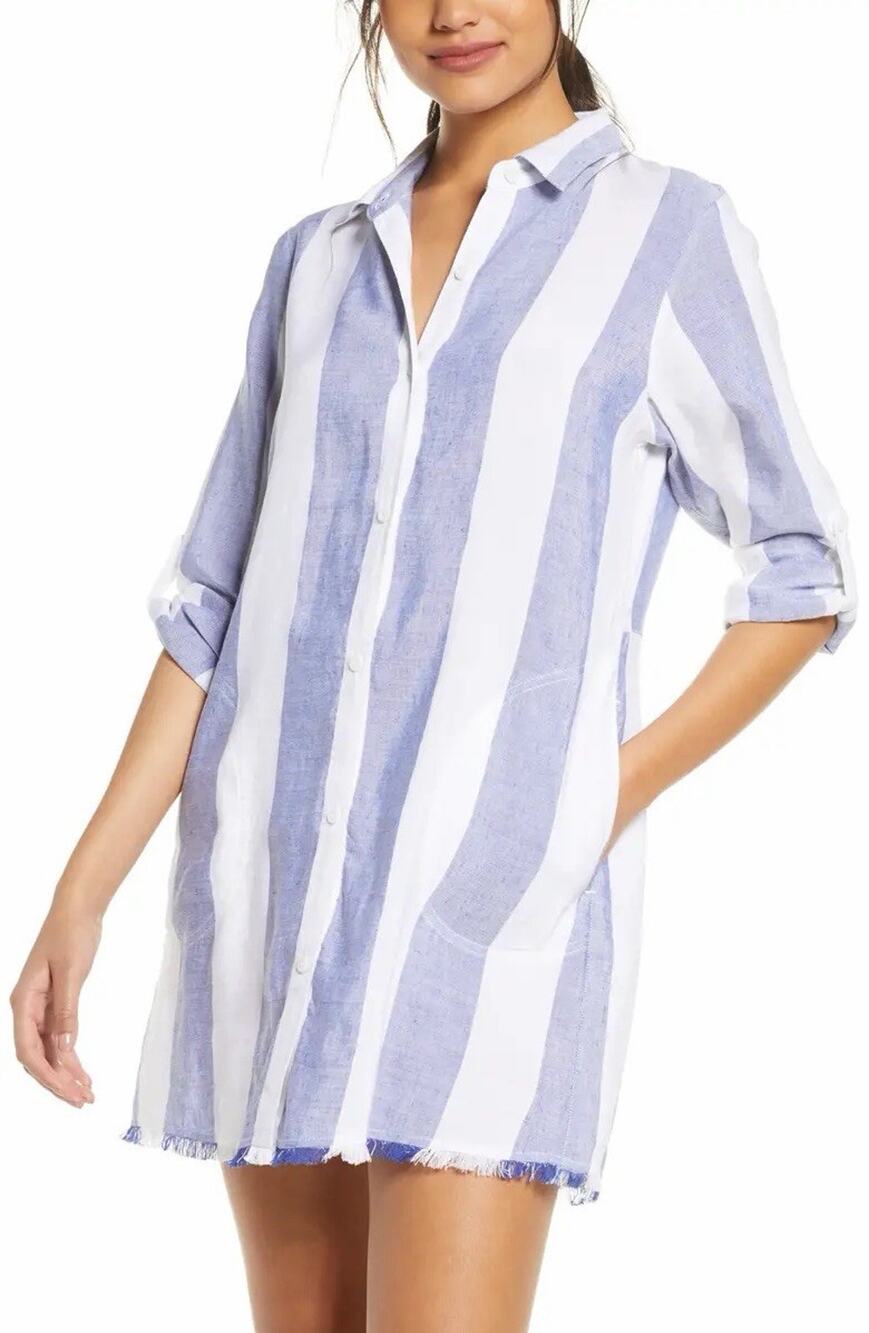 Tommy Bahama Women Size XS Linen Shirt Beach Stripe Rugby Boyfriend Swim Coverup